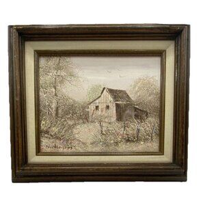 Vintage William Newport Barn Painting Oil Canvas Linen Frame Signed Landscape